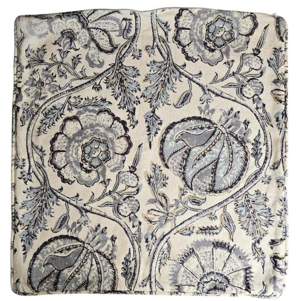 Pottery Barn 20" Floral Linen Blend Pillow Cover Blue Gray Neutral Jacobean